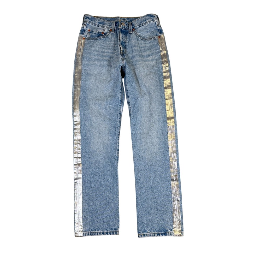 Levis 501 Original Fit Jeans Light Wash Blue Metallic Silver Stripe Straight Leg
